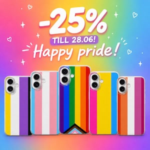 Puede incluir: Cinco fundas para teléfono con diseños de rayas coloridas que representan varias banderas del orgullo. El fondo presenta un degradado arcoíris con el texto "-25%" y "Happy pride!" Las fundas son para un teléfono.