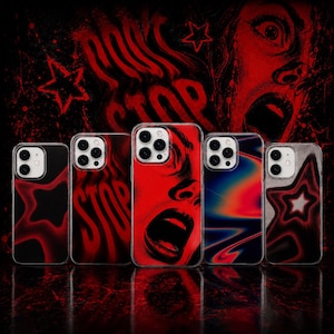 Pode incluir: Cinco capas de telemóvel dispostas em fila, cada uma com designs gráficos distintos. As capas exibem imagens incluindo um rosto vermelho a gritar, padrões vermelhos e pretos, um gradiente iridescente colorido e motivos de estrelas com o texto DON'T STOP.