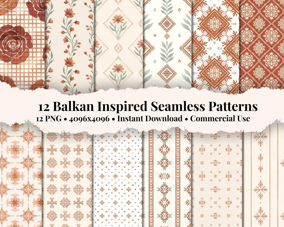 Balkan Inspired Seamless Pattern Bundle, Folk Geometric Watercolor ...
