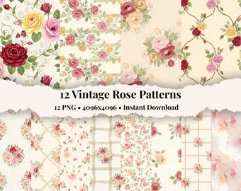 Vintage Rose Seamless Patterns Bundle, Watercolor Floral Digital Paper ...