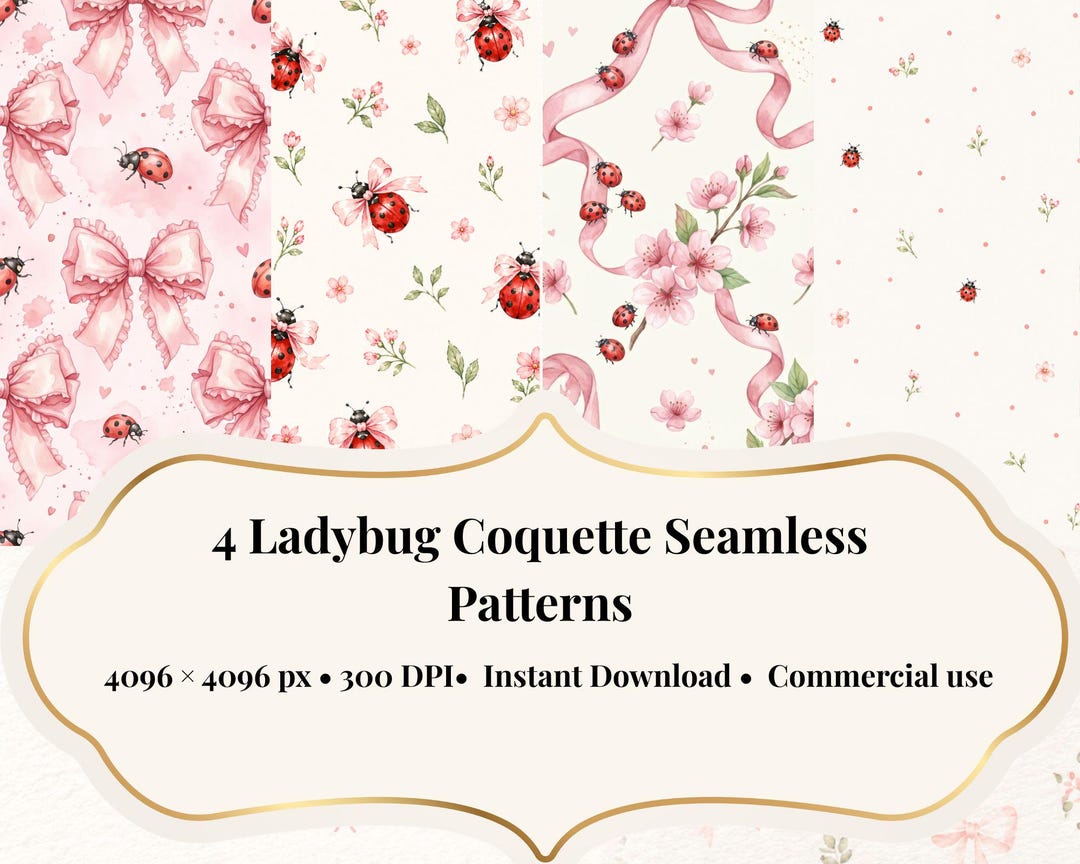Ladybug Coquette Seamless Pattern Bundle, Pink Bow Ladybug Digital ...