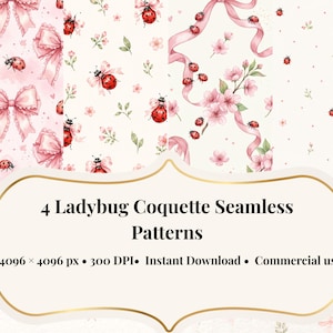 Pode incluir: Quatro padrões sem costura com joaninhas, laços e elementos florais em tons de rosa e vermelho. Os padrões incluem laços, joaninhas e flores. O texto da imagem diz "4 Ladybug Coquette Seamless Patterns".