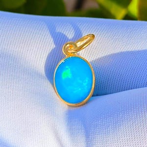 18K Gold Blue Opal Gemstone Charm Pendant, Handmade Rectangular Bezel Style (8x10mm)