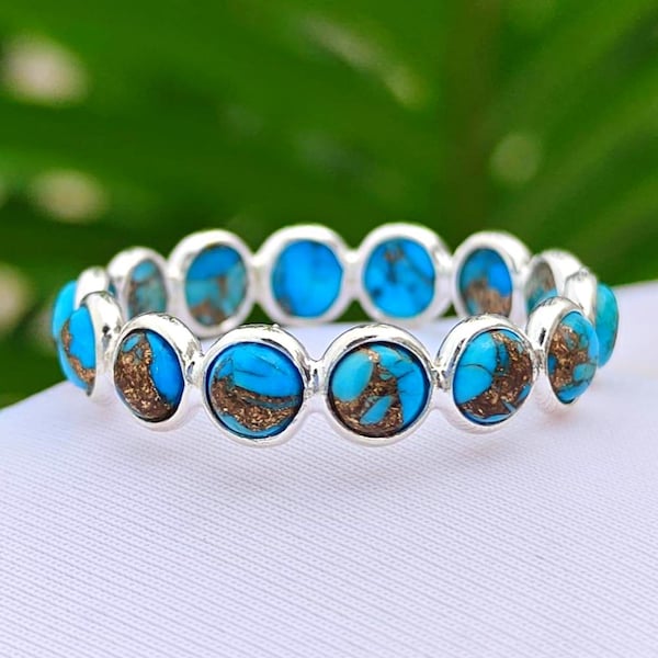 Anillo de eternidad de turquesa azul cobre natural, banda de plata de ley, joyería hecha a mano
