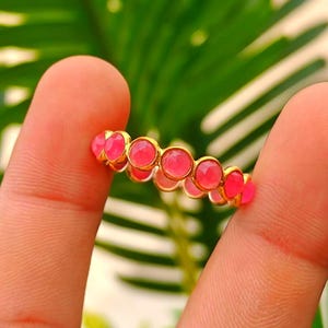 Natural Checker Cut Ruby Eternity Ring, Sterling Silver Gold Plated Band