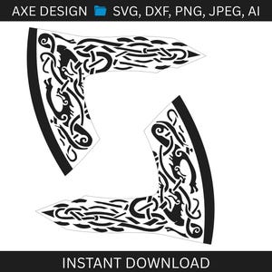 May include: Black and white axe design with intricate patterns. The image includes the text "AXE DESIGN" and file type options: SVG, DXF, PNG, JPEG, AI. The words "INSTANT DOWNLOAD" are also present.
