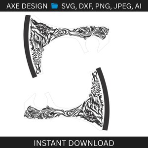Puede incluir: Dos diseños de cabezas de hacha con un patrón de lobo y floral en blanco y negro. El texto "AXE DESIGN" está en la parte superior y "INSTANT DOWNLOAD" en la inferior. Las cabezas de hacha son simétricas y detalladas.