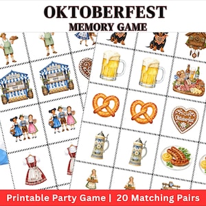 Könnte beinhalten: Oktoberfest Memory-Spiel, druckbares Partyspiel mit 20 passenden Paaren. Das Blatt zeigt Aquarellillustrationen von Bierkrügen, Brezeln, Würstchen, Lebkuchenherzen, traditioneller Kleidung und Festzelten auf einem weißen Rasterhintergrund.