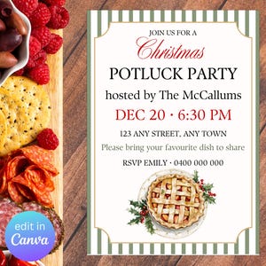 Op de afbeelding: Een rechthoekige uitnodigingskaart voor een kerst-potluckfeest met een groen-witte gestreepte rand. De tekst luidt: JOIN US FOR A Christmas POTLUCK PARTY hosted by The McCallums DEC 20 6:30 PM 123 ANY STREET, ANY TOWN. Inclusief een taartillustratie.