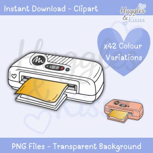 Może przedstawiać: Czarno-biała grafika clipart laminatora ze złotym arkuszem papieru wychodzącym z niego. Obraz zawiera tekst "Instant Download - Clipart", "x42 Colour Variations" i "PNG Files - Transparent Background". Mniejszy laminator w kolorze brzoskwiniowym jest również pokazany.