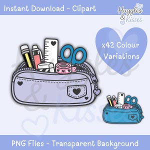 Könnte beinhalten: Ein helllila Federmäppchen mit Reißverschluss, gefüllt mit Schulmaterialien wie Bleistiften, einem Lineal, einer Schere und dekorativem Klebeband. Der Text "Instant Download - Clipart" und "PNG Files - Transparent Background" ist enthalten.
