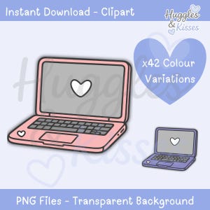 Può includere: Un laptop rosa con un cuore sullo schermo e un'icona a forma di cuore in basso a sinistra. L'immagine include anche un laptop viola più piccolo e il testo "Instant Download - Clipart", "x42 Colour Variations" e "PNG Files - Transparent Background".
