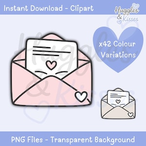 May include: A pink envelope clipart with a white letter and heart details. The image includes the text "Instant Download - Clipart", "Huggles & Kisses", "x42 Colour Variations", and "PNG Files - Transparent Background".