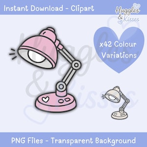 Op de afbeelding: Een roze bureaulamp clipart met een wit interieur en een hartdetail. De afbeelding bevat de tekst "Instant Download - Clipart", "x42 Kleurvariaties" en "PNG-bestanden - Transparante achtergrond".