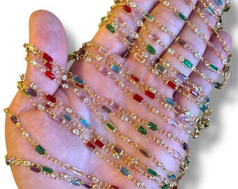 Chaîne en cristal baguette plaqué or, collier superposé multicolore, bracelet en zircone