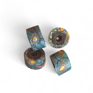 Millefiori Glass Beads, Teal Yellow Mosaic Flower Pattern, Artisan Craft Supply