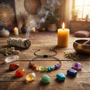 May include: A wooden table displays a lit beeswax candle, a burning sage bundle, and a chakra bracelet with colourful gemstones. Various crystals and a singing bowl are also present, creating a spiritual and holistic theme.