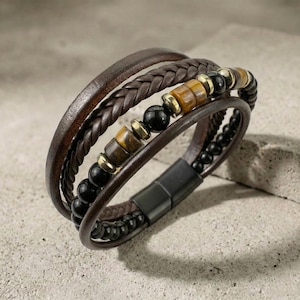 Men's Leather Bracelet, Natural Onyx Stone Beads, Magnetic Stainless Steel Clasp, Multi-Layer Braided Wristband