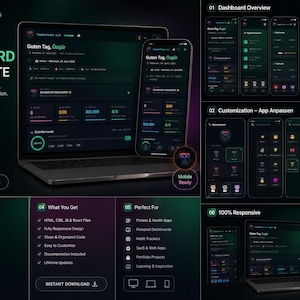 May include: A digital fitness dashboard UI template displayed on a laptop and smartphone. The design is dark with green and purple accents. The template includes features for activity tracking, health goals, and gamification. Text on the image includes "Fitness Dashboard UI Template".