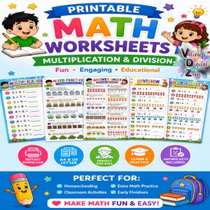 May include: Printable math worksheets for multiplication and division. The image features colorful educational materials with the text "Make Math Fun & Easy!" and "Perfect for Kids". Includes answer keys and is available for instant download.