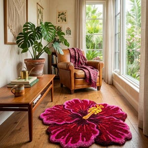 Tapis à fleurs d'hibiscus tufté à la main, tapis en laine rose à motifs botaniques, décoration tropicale