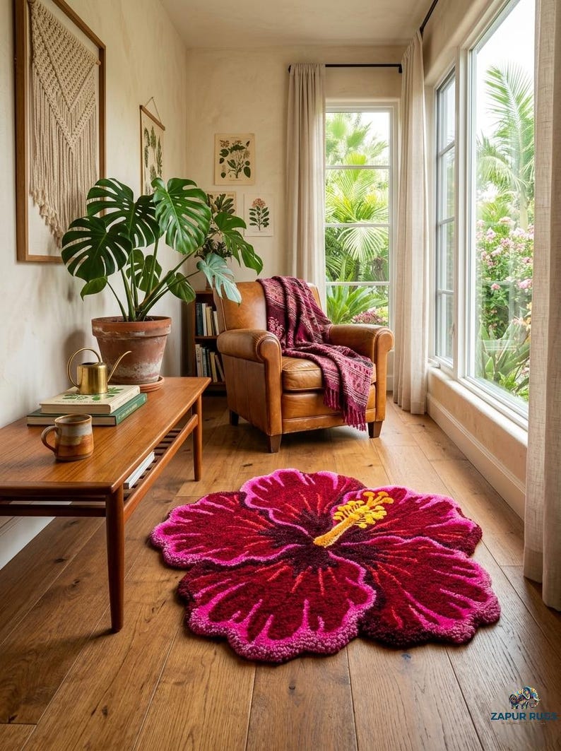 Hibiscus Rug Handtufted Hibiscus Flower Rug, Pink Botanical Wool Carpet, Tropical ...