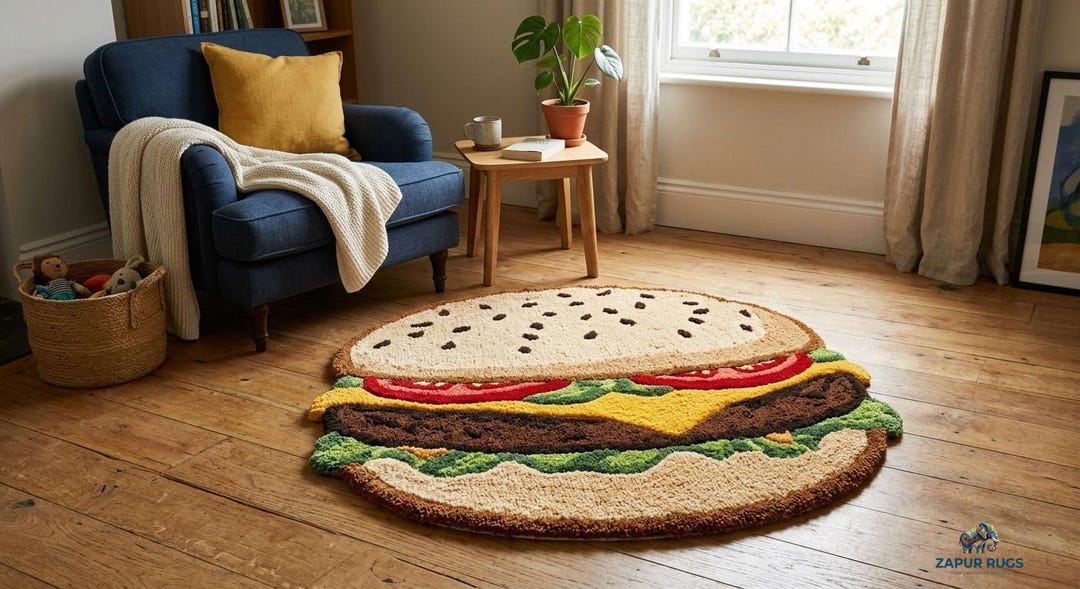 Food Shaped Rug Hand Tufted Burger Rug, Round Food Shape Rug, Quirky Kitchen Decor ...