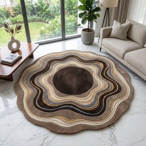 Tappeto in lana a forma organica, annodato a mano, con contorni astratti, moderno elemento decorativo scultoreo per pavimenti.