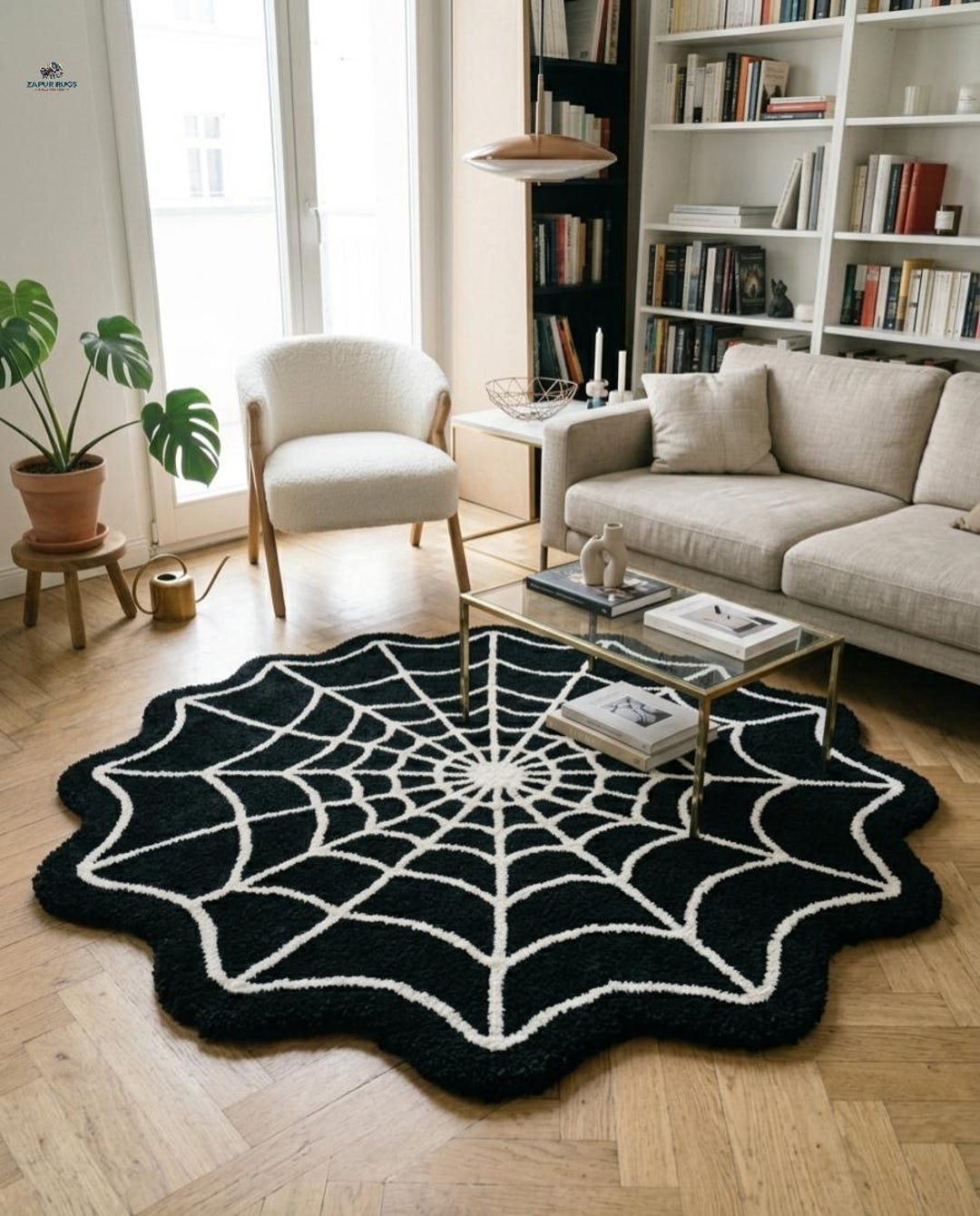 Vortex Spider Web Rug Hand Tufted Spider Web Rug, Gothic Halloween Floor Carpet, Black White ...