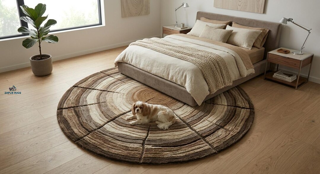 Wood Textile Rug Hand Tufted Wool Rug, Round Wood Slice Area Carpet, Nature Inspired ...
