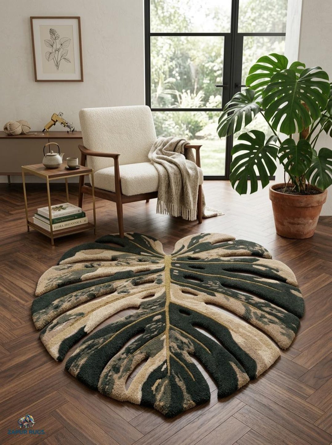 Hand Tufted Monstera Leaf Rug, Tropical Botanical Carpet, Nature ...