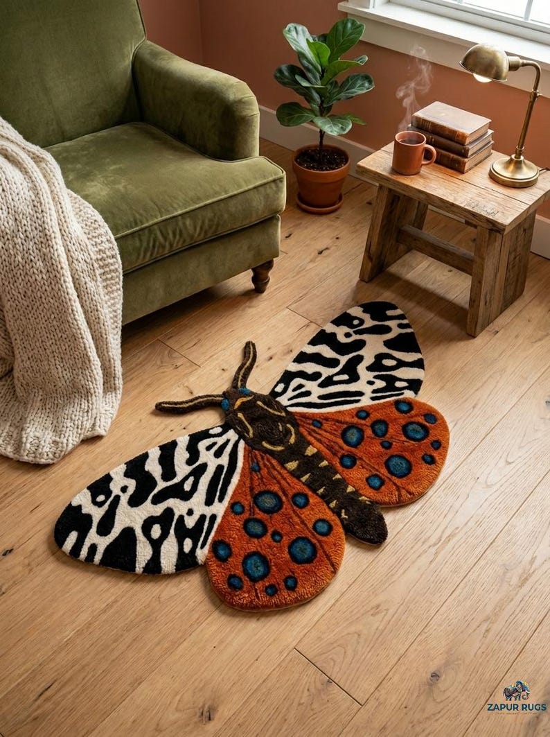 Hand Tufted Wool Moth Rug, Nature Inspired Butterfly Statement Carpet ...