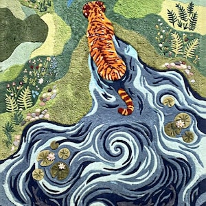 Tapete de tigre feito à mão, tapete com tema de selva, decoração com tema de vida selvagem e natureza, tapete botânico para sala de estar