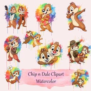Op de afbeelding: Waterverf clipart met Chip en Dale in verschillende poses. De afbeeldingen tonen Chip en Dale in verschillende outfits, zoals een Hawaiiaans shirt en een detective-outfit. Elk personage staat tegen een kleurrijke aquarel splash.
