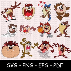 May include: A collection of cartoon images of the Tasmanian Devil in various poses. The images are in shades of brown, tan, and red, with some featuring the character with a basketball or in a tornado. The bottom of the image has the text "SVG - PNG - EPS - PDF".