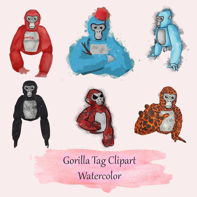 May include: Watercolor clipart featuring six gorilla illustrations in various colors, including red, blue, and black. The text "Gorilla Tag Clipart Watercolor" is displayed on a pink watercolor background.