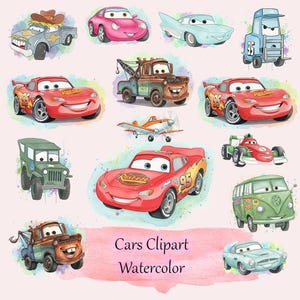May include: Watercolor illustrations of various cartoon cars in different colors, including red, pink, blue, and green. The image includes a tow truck, a race car, and a vintage-style bus. Text on the image reads "Cars Clipart Watercolor."