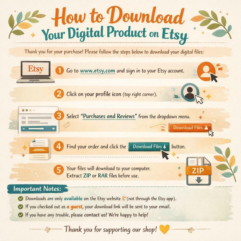 May include: A guide titled "How to Download Your Digital Product on Etsy" with step-by-step instructions. The guide includes a laptop, profile icon, and "Download Files" button. It also features important notes about downloads and a thank you message.