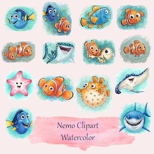 May include: Watercolor clipart featuring various cartoon sea creatures, including clownfish, a blue tang, a whale shark, a starfish, a pufferfish, and a shark. The text "Nemo Clipart Watercolor" is included in the image.