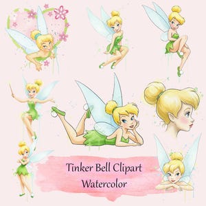 May include: Watercolor clipart featuring multiple images of a blonde fairy with green attire and wings. The fairy is depicted in various poses, set against a light pink background with watercolor splashes. Text reads "Tinker Bell Clipart Watercolor."
