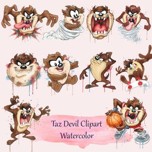 May include: Watercolor clipart featuring the Tasmanian Devil in various poses. The cartoon character is depicted in shades of brown, with exaggerated expressions and actions. The text "Taz Devil Clipart Watercolor" is included.