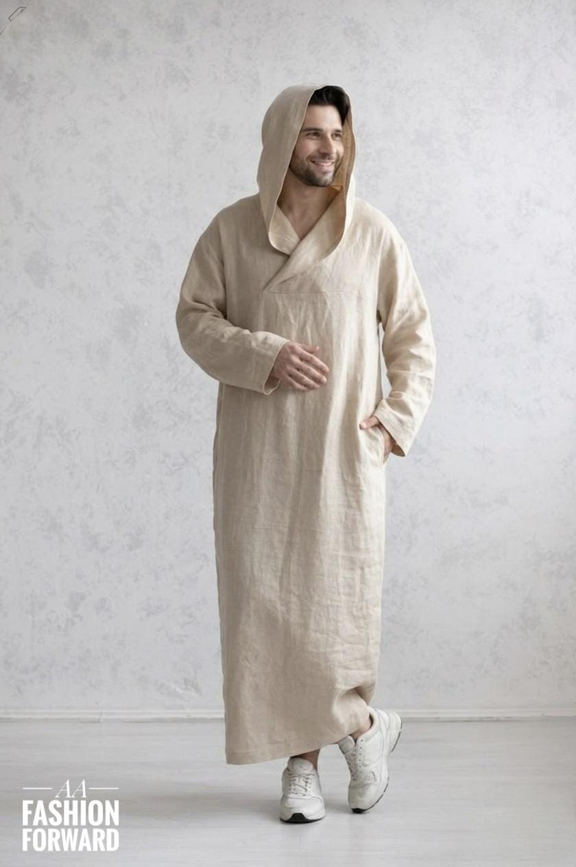 Men's Linen Hooden Robe Beige Kaftan Tunic for Men Minimalist Lounge Wear