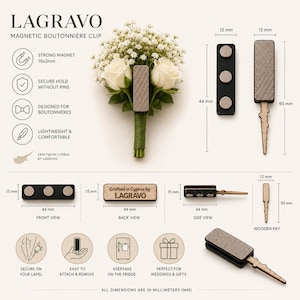 May include: LAGRAVO magnetic boutonniere clip featuring a rectangular wooden piece with a textured surface, a magnetic backing, and a wooden key. The clip measures 44mm by 15mm, with a 93mm total length. Includes text labels and technical diagrams.