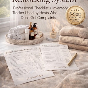 Könnte beinhalten: Ein Bild, das ein Checklisten- und Inventarsystem zum Thema Gastgewerbe zeigt. Der Text lautet "The 5-Star Restocking System" und "Professional Checklist + Inventory Tracker Used by Hosts Who Don't Get Complaints." Das Bild enthält Handtücher, Toilettenartikel und einen Stift.