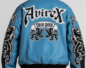Avirex New York-läderjacka Äkta kohud Varsity-bomberjacka för biker Broderad streetwear Avirex-jacka Födelsedagspresent till honom