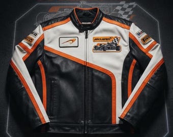 Chaqueta de cuero McLaren Racing para hombre, auténtica piel de vaca, estilo motero, F1, estilo vintage, ropa urbana, chaqueta de carreras, regalo para él.