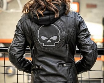 Veste en cuir Harley Davidson réfléchissante pour femme, veste de motard Willie G tête de mort, veste de moto en cuir de vachette véritable avec sweat à capuche amovible, cadeau pour elle