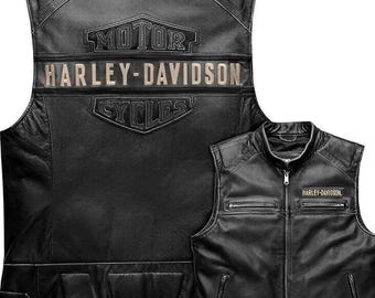 Gilet da motociclista Harley Davidson in vera pelle nera, stile biker, stile cafe racer, HD, regalo per motociclisti.