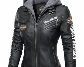 Harley Davidson-leren damesjack met capuchon echte koeienhuid motorfiets bikerjack geborduurd HD rijkleding zwarte motorjas cadeau voor haar