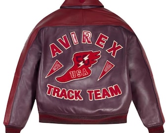 Track Team x Avirex leren jack echt rundleer bomberjack Varsity Style Streetwear Bikerjack Verjaardagscadeau voor hem
